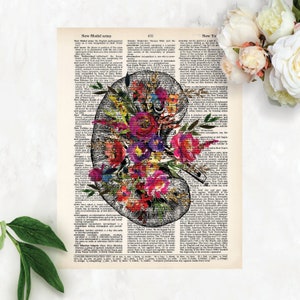 Kidney Art, Anatomy Art, Kidney Transplant, Transplant Nurse Gift, Nephrology, Transplant Anniversary Gift, Floral Kidney, Dictionary Art