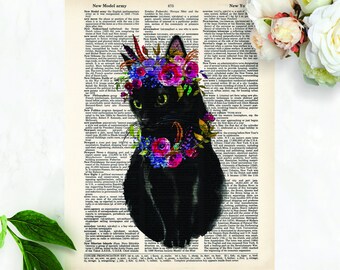 Black Kitten with Floral and Feather Crown and Floral Necklace Printed on Dictionary Page Dictionary Page Art Kitten  Print