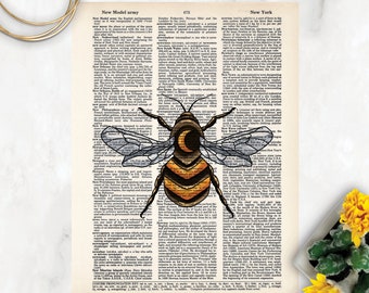 Bee Art Print, Watercolor Bee Art, Indie Room Decor, Bee Crescent Moon Art, Witchy Art Print, Dictionary Print, Eco Friendly Print, Print