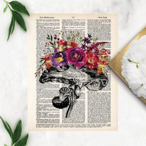 anatomy art prints - brain cross section with watercolor flowers print - dictionary art - pink, purple, yellow watercolor flowers