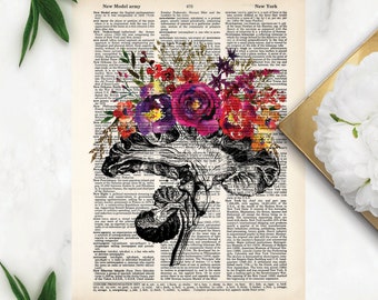 anatomy art prints - brain cross section with watercolor flowers print - dictionary art - pink, purple, yellow watercolor flowers