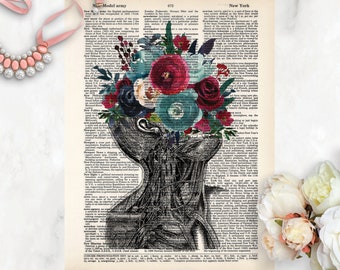 anatomy art prints - neck and with watercolor flowers print - dictionary art - blue, red, wine colors