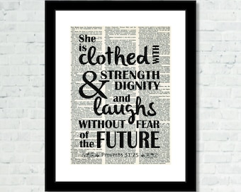 She Is Clothed With Strength And Dignity And Laughs Without Fear Of The Future - Proverbs 31:25 - Bible Quote - Dictionary Art Print
