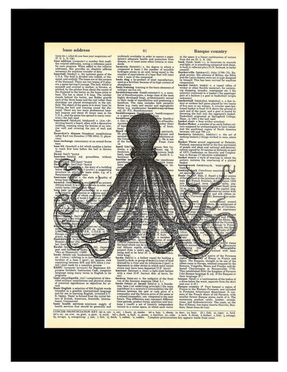Octopus Kraken Vintage Etching Dictionary Page Art Etsy