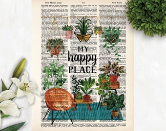 My Happy Place - Plant Art  Room With Plants - Plants and Cat - Dorm Art - Housewarming Gift - Plant lover gift  - Dictionary Page Art