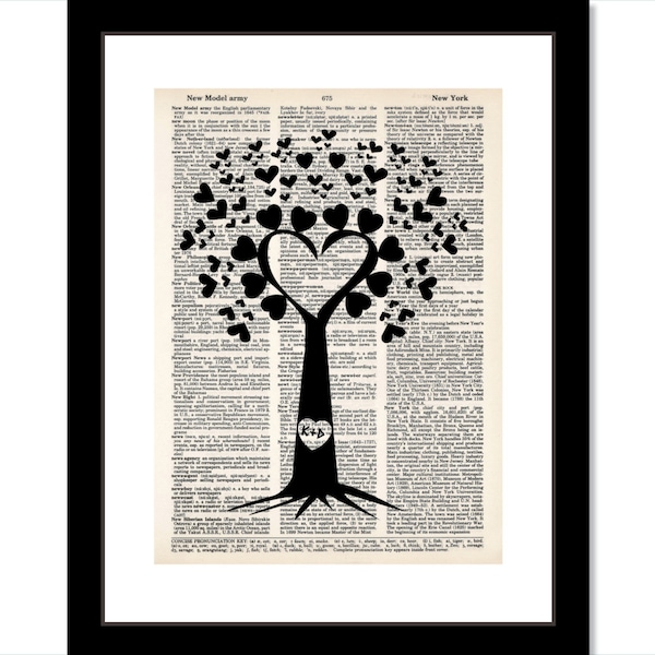 Personalized Initials Carved In Tree with Heart leaves Custom Gift  Wedding Shower Anniversary Couples Gift Guest Book Dictionary Page Print