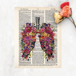 Lungs with Flowers - Dictionary Print - vintage lung etching with flowers - Dictionary Page Art