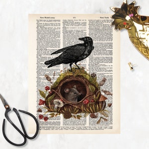 Vintage Blackbird Sitting on a Mouse Burrow with Berries Mushrooms Snail and More - Dictionary Page Art - PRINT ONLY - Raven Crow Mushrooms