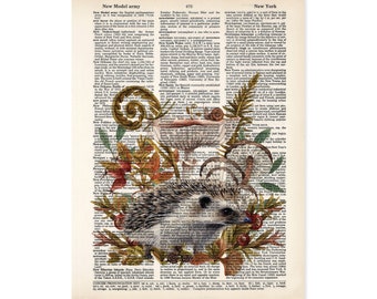 Hedgehog Mushroom Fall  Foliage Print on Salvaged Dictionary Page