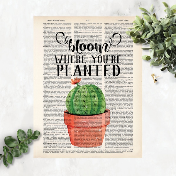 Bloom Where You're Planted - cactus en flor - Boho - Eco Friendly - Dictionary Page Art - determinación - impresión inspiradora