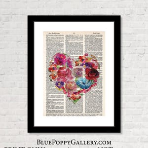 May include: A colorful floral heart design printed on a vintage dictionary page. The heart is made up of pink, red, purple, blue, and yellow flowers. The text on the page is from a dictionary entry for "New Model Army".