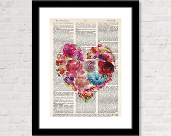 Heart with Flowers - Dictionary Print - Heart and flowers - Floral Heart - Valentines Day Gift - Heart gift - Dictionary Page Art