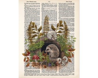Hedgehog Den Mushroom Fall Foliage Print on Salvaged Dictionary Page