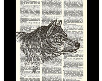 Dictionary Art Print - Vintage Etching - Wolf Head - Home Decor