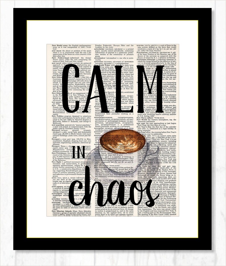 May include: A black and white typography print with the words "Calm in chaos" in large, bold letters. A cup of coffee with steam rising from it is depicted in the center of the print.