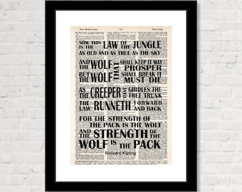 Rudyard Kipling Quote Now This is The Law of The Jungle art dictionary page typography print  vintage dictionary page
