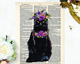 Black Cat with Floral Crown and Floral Necklace Printed on Dictionary Page Dictionary Page Art Cat Print