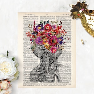 anatomy art prints - neck and with watercolor flowers print - dictionary art - pink, purple, yellow watercolor flowers
