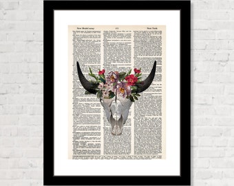 Floral Bull Skull - Cow Skull - Bull Horns - Print - Boho Wall Art -  Dictionary Page Art