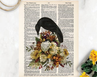 Vintage Black bird Sitting on a Bouquet of Earth Toned Flowers, Mushrooms, and Berries - Dictionary Page Art - PRINT ONLY - Raven Crow