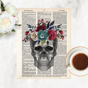 anatomy art prints - skull with watercolor flowers print - dictionary art - blue and merlot wine watercolor flowers
