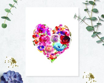 Floral Heart with watercolor flowers Heart with flowers Wedding Art  Print 8.5x11 inches