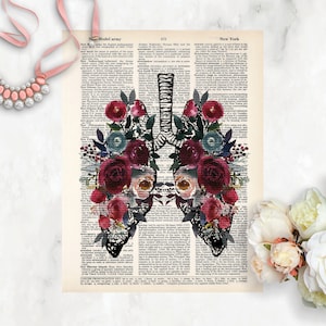 anatomy art prints - lungs with watercolor flowers print - dictionary art -  blue and merlot wine watercolor flowers