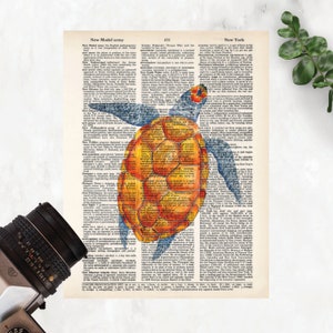 Sea Turtle - Tropical Print - Turtle Print - Sea Life - Dictionary Page Art