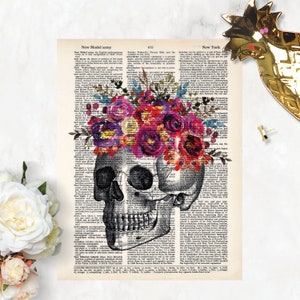 Vintage Skull Etching with Floral Crown - Skull with Watercolor Flowers - Dictionary Print - Floral Skull - Dictionary Page Art