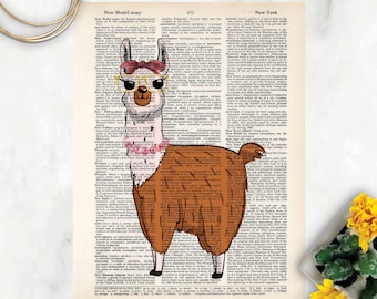 Llama, Art Print, Llama Print, Llama Wall Art, Llama in Glasses, Girl Llama, Gift for Her, Llama Lover Gift, llamas, Dictionary Page Art