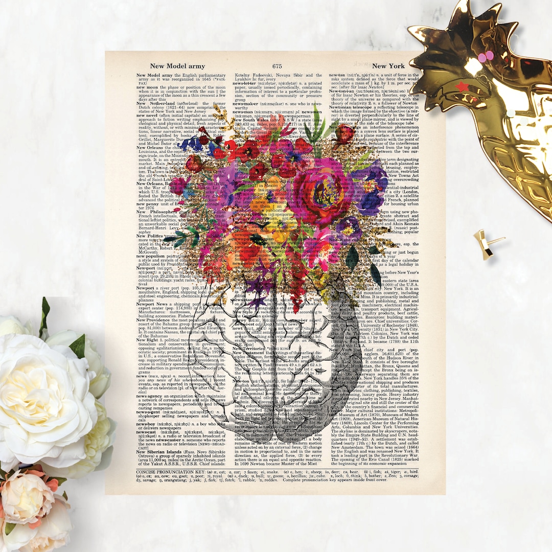Anatomy Art Prints - Brain With Watercolor Flowers Print - Dictionary ...