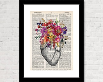 Anatomical Heart with Flowers - Dictionary Print - Heart and flowers - Floral Heart - Real Heart with Flowers - Dictionary Page Art