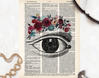 anatomy art print- eye with watercolor flowers print - dictionary art - blue and red wine watercolor flowers