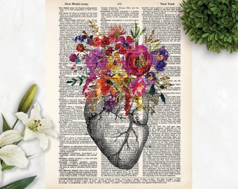 Anatomy Art Print - Heart with Watercolor Flowers - Anatomical heart with flowers -  pink, purple, yellow flowers