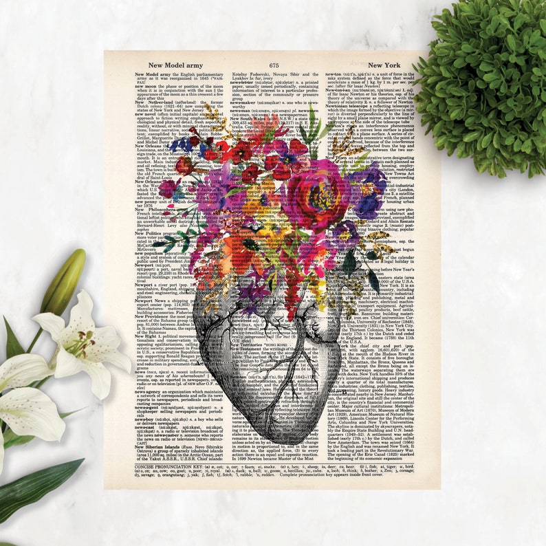 Anatomy Art Print Heart with Watercolor Flowers Anatomical heart with flowers pink, purple, yellow flowers image 1