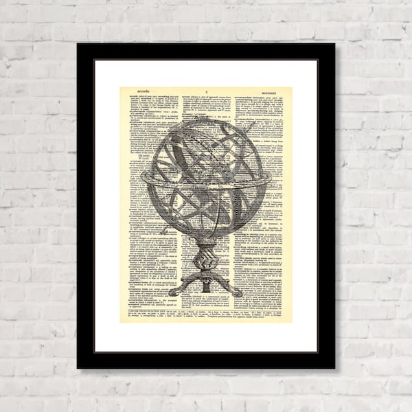 Armillary Sphere - Vintage Etching - Dictionary Page Art