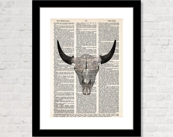 Bull Skull - Cow Skull - Bull Horns - Print - Dictionary Page Art