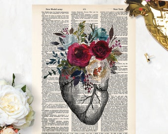 anatomy art prints - heart with watercolor flowers print - dictionary art - blue and merlot wine watercolor flowers