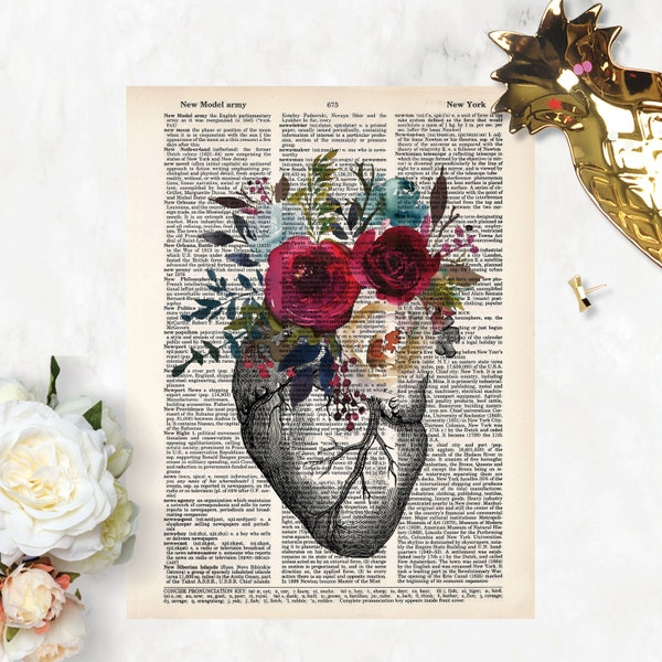 anatomy art prints - heart with watercolor flowers print - dictionary art - blue and merlot wine watercolor flowers