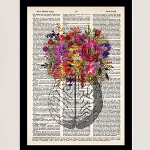 Op de afbeelding: Een kleurrijke bloemenillustratie met een achtergrond van een vintage boekpagina. De bloemen zijn gerangschikt in de vorm van een boeket en geschilderd in tinten roze, rood, oranje, geel en paars. De tekst van de boekpagina is zichtbaar op de achtergrond, en de woorden "New Model army" en "New York" zijn zichtbaar. De illustratie is een unieke en creatieve manier om kunst en literatuur te combineren.