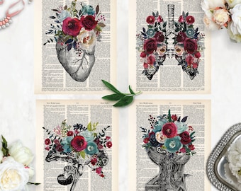 Anatomy Art Print Value Pack - Heart - Lungs - Brain - Eye - Watercolor Flowers in Blues and Wine colors - Medical Student - Doctor Office