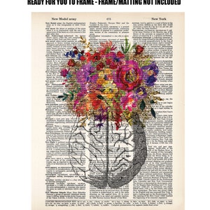 Op de afbeelding: Een kleurrijk bloemenontwerp met een aquareleffect is over een vintage woordenboekpagina gelegd. Het bloemenontwerp is gecentreerd op een grijze anatomische illustratie van een menselijk brein. De tekst op de pagina bevat de woorden "New Model Army", "New Netherland", "New Orleans", "New York" en "New Politics". De afbeelding is ongeveer 8,25 x 10,75 inch of 21,25 x 27,75 centimeter.