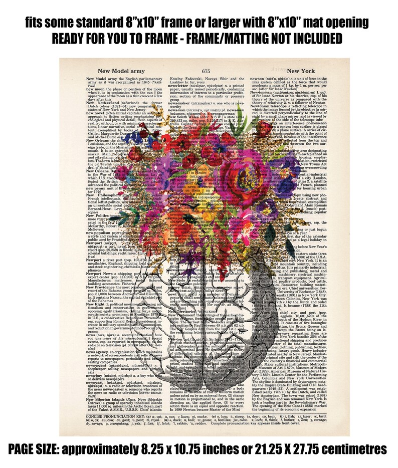 Op de afbeelding: Een kleurrijk bloemenontwerp met een aquareleffect is over een vintage woordenboekpagina gelegd. Het bloemenontwerp is gecentreerd op een grijze anatomische illustratie van een menselijk brein. De tekst op de pagina bevat de woorden "New Model Army", "New Netherland", "New Orleans", "New York" en "New Politics". De afbeelding is ongeveer 8,25 x 10,75 inch of 21,25 x 27,75 centimeter.