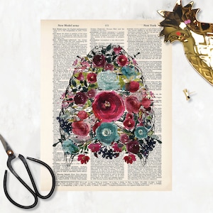 anatomy art prints - ribcage with watercolor flowers print - dictionary art - blue and red watercolor flowers