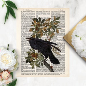 Vintage Black Bird on Fruited Brand with Mushrooms and Snail - Dictionary Page Art - PRINT ONLY - Raven Crow Vintage Image
