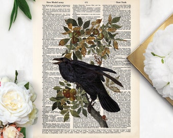 Vintage Black Bird on Fruited Brand with Mushrooms and Snail - Dictionary Page Art - PRINT ONLY - Raven Crow Vintage Image