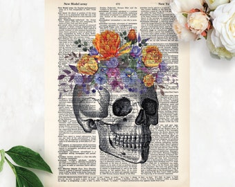 Skull with Floral crown Purple Blue Coral Yellow Watercolor Flowers on Side View Anatomical Skull Art - Anatomy Art - Dictionary Page Art