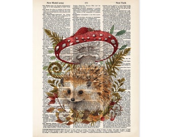 Hedgehog Red Mushroom Fall Foliage Print on Salvaged Dictionary Page