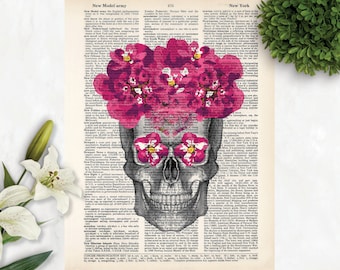 Anatomy Art Print - Anatomical Skull with Floral Crown and Eyes - Gothic -  Day of The Dead inspired- Wall Decor Print  - Dictionary   Art