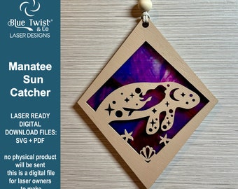 Manatee Suncatcher with Mermaid, Laser Cut Gift, SVG PDF, Laser Cutting, Glowforge, SVG Cut File, Wood and Acrylic Laser Art